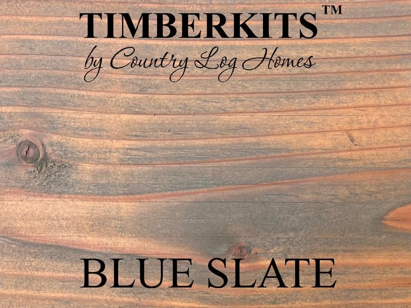Sample of wood Blue Slate stain with logo Timberkits by Country Log Homes